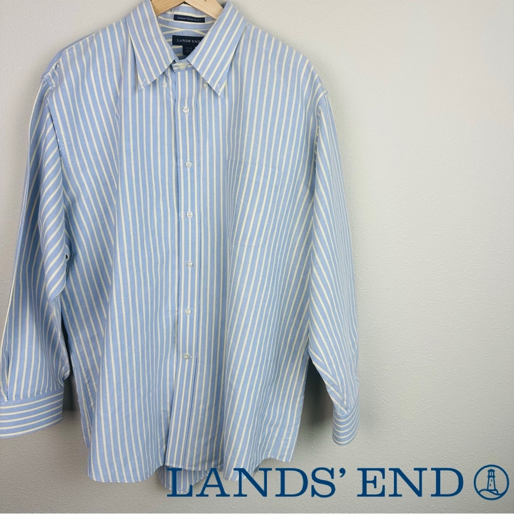 Lands'‎ End Supima Hyde Park Stripe Oxford Button Down Shirt Blue Yellow 17.5 34